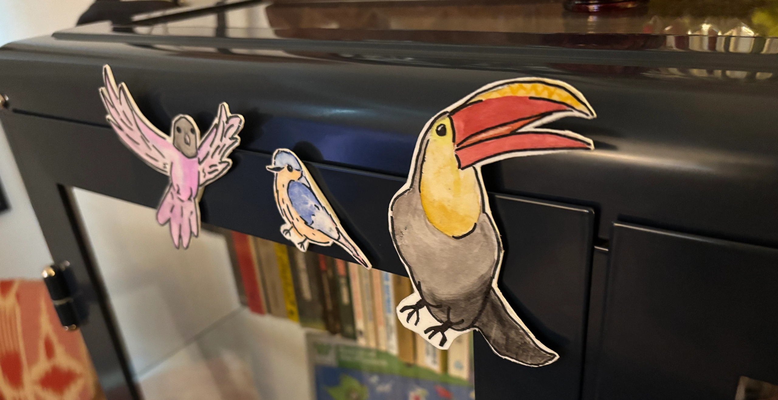 Images of bird magnets on metal bookcase